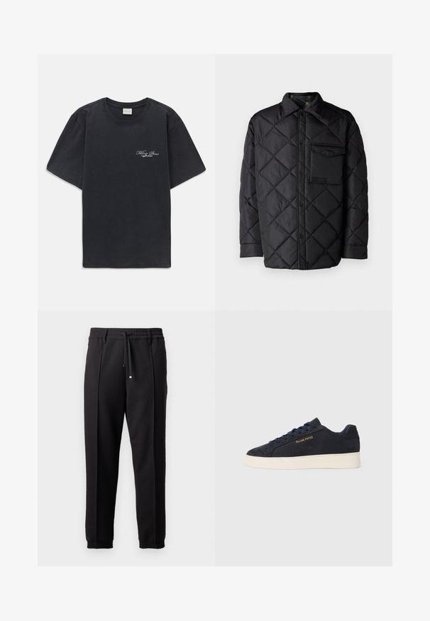 Melnā quiltota virsjaka ar dimanta rakstu, garām piedurknēm, apkakli un krūšu kabatu. Gluda tekstūra un spiedpogu aizdare.; Melna īsās piedurknes T-kreklā ar mazu balto "Filling Pieces" tekstu logotipu uz kreisā krūšu.; Melni bikses ar jostu, staipāmu un elastīgām aprocēm. Ar krokām un gludu, teksturētu audumu.; Navy zila zamšas zema augstuma kedas ar baltu zoli, navy krāsas auklām un "Filling Pieces" logo zeltā sānos.