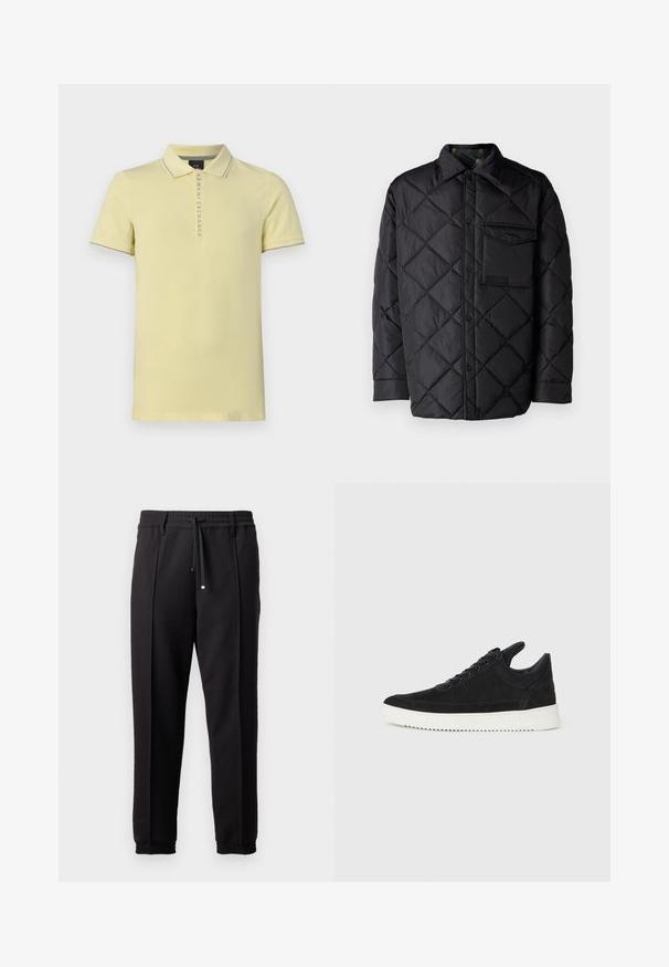 Mustra mustriga mustav tepitud jakk, pika varrukaga, kraega ja rinnakotiga. Sile tekstuur ja nupuklipp.; Heledast kollast puuvillane polo särk, millel on klassikaline krae, lühikesed varrukad ja logo nööbiliistul hallide aktsentidega.; Mustad püksid, millel on vöökoht, nöörikinnitus ja elastsed varrukad. Omab volange ja sileda, tekstuuriga kangast.; Must mustel kingad valge kummist tallaga, millel on toon-toonis õmblused ja paeltega disain. Sile tekstuur ja moodne, voolujooneline kuju.