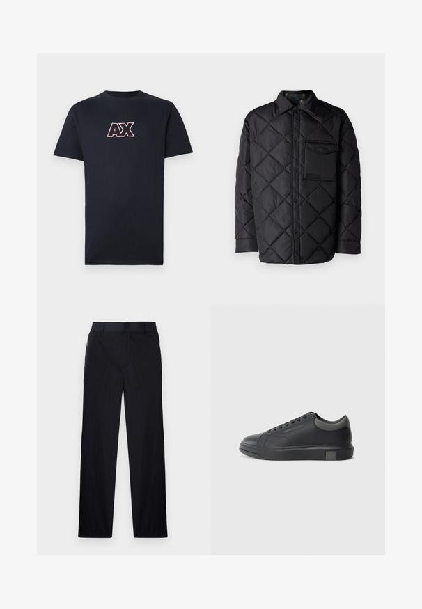 Črna prešita jakna z diamantom, dolgi rokavi, ovratnik in žep na prsih. Gladka tekstura in zapiranje na sponko.; Temno modra bombažna majica s kratkimi rokavi in krožnim izrezom. Na sprednji strani se ponaša z izstopajočim rdečim in belim logotipom "AX".; Črne hlače iz lahke, teksturirane tkanine, ravne noge, elastičen pas in stranski žepki na zadrgo.; Črne usnjene teniske s gladko površino, zaobljenim prstom in temno sivo akcenti. Imajo sistem vezanja in teksturiran gumijast podplat.