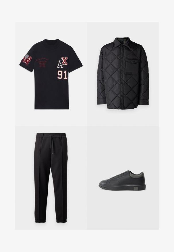 Crna jakna od prešane tkanine s dijamantnim uzorkom, dugim rukavima, ovratnikom i džepom na prsima. Glatka tekstura i zatvaranje na dugmad.; Crna pamučna majica s izvezenim grafičkim motivima, uključujući "AX" i "91" u bijeloj i crvenoj boji, te značku s natpisom “A/X 91” na rukavu.; Crne hlače s pojasom, vezicom i elastičnim rubovima. Imaju nabore i glatku, teksturiranu tkaninu.; Crne kožne tenisice s glatkom završnom obradom, okruglim vrhom i tamno sivim detaljima. Imaju vezanje i teksturiranu gumenu potplat.