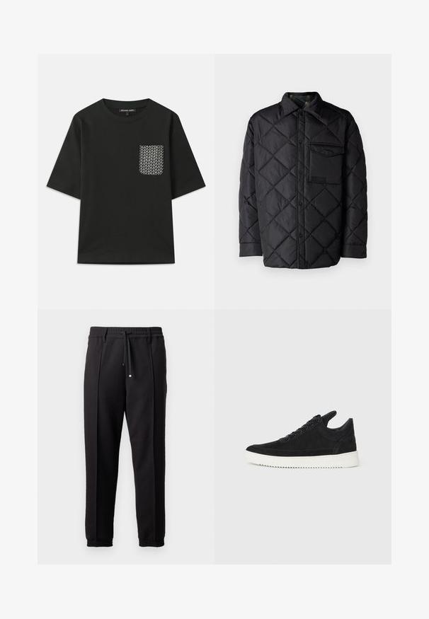 Crna jakna od prešane tkanine s dijamantnim uzorkom, dugim rukavima, ovratnikom i džepom na prsima. Glatka tekstura i zatvaranje na dugmad.; Crna pamučna majica s okruglim izrezom i kratkim rukavima. Ima uzorčanu džep na lijevoj strani s bijelim geometrijskim dizajnom.; Crne hlače s pojasom, vezicom i elastičnim rubovima. Imaju nabore i glatku, teksturiranu tkaninu.; Crne nubuk tenisice s bijelim gumenim potplatom, s toniranim šavovima i dizajnom vezanja. Glatka tekstura s modernim, strujnim oblikom.