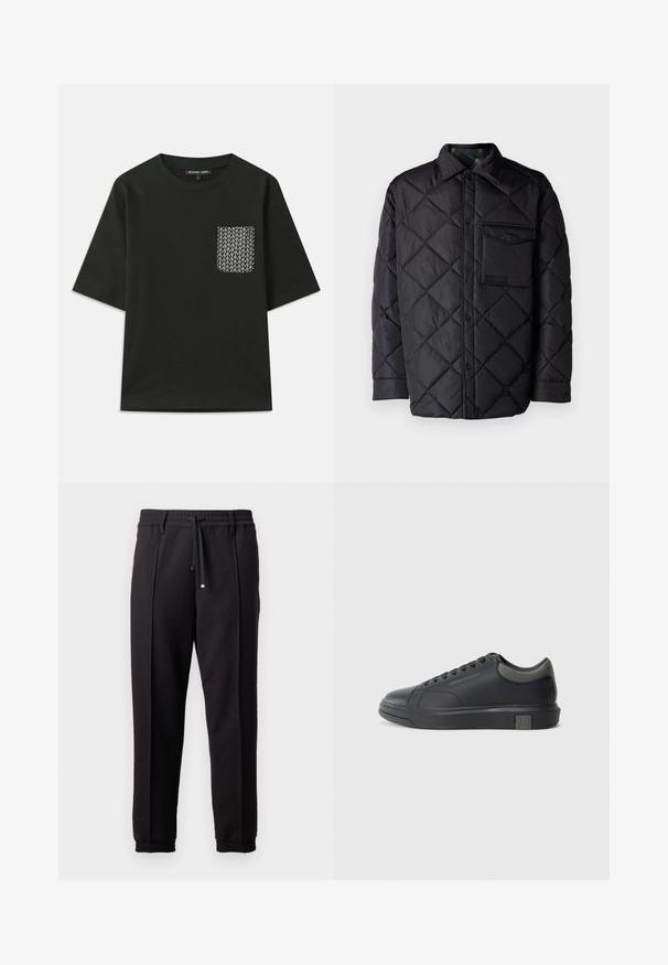 Schwarze gesteppte Jacke mit Diamantmuster, langen Ärmeln, Kragen und einer Brusttasche. Glatte Textur und Druckknopfverschluss.; Schwarzes Baumwoll-T-Shirt mit rundem Ausschnitt und kurzen Ärmeln. Verfügt über eine gemusterte Tasche auf der linken Seite mit weißen geometrischen Designs.; Schwarze Hose mit einem Bund, Kordelzug und elastischen Bündchen. Sie verfügt über Plissees und einen glatten, strukturierten Stoff.; Schwarze Ledersneaker mit glatter Oberfläche, runder Zehenpartie und dunkelgrauen Akzenten. Verfügt über ein Schnürdesign und eine strukturierte Gummisohle.