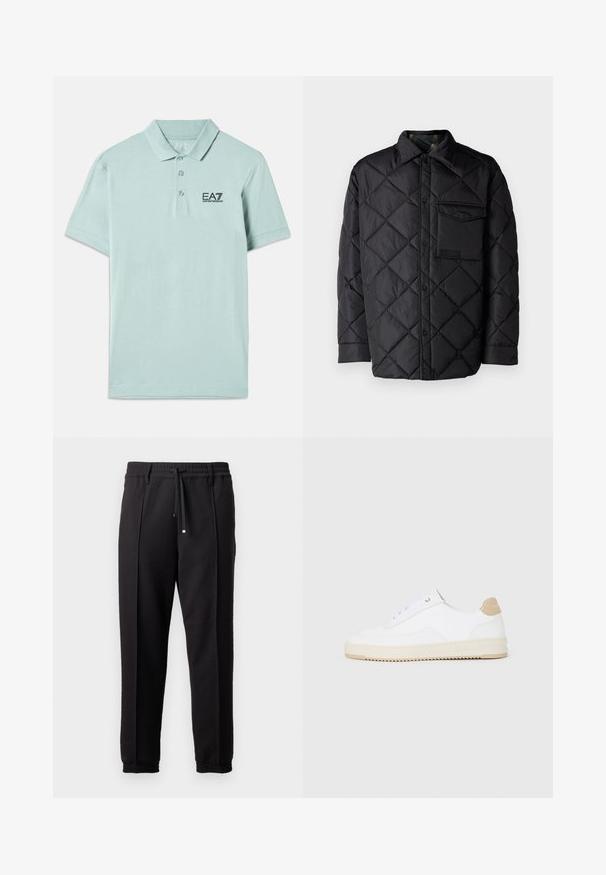 Juodas susiuvinėtas švarkas su deimanto raštu, ilgomis rankovėmis, apykakle ir krūtine kišenėle. Lygus paviršius ir užsegimas snapeliais.; Šviesiai mėtų žalios spalvos polo marškiniai, pagaminti iš medvilnės. Savybės: mygtukinė apykaklė, trumpomis rankovėmis ir juodas išsiuvinėtas logo ant krūtinės.; Juodos kelnės su juosmeniu, raišteliu ir elastingais rankogaliais. Yra raukšlės ir lygus, tekstūruotas audinys.; Baltos žemos sportbačiai su tekstūruota odine viršutinė dalimi, kreminė banguota priekiu ir ruda kulno akcentu. Yra baltos raištelės ir logotipas ant kulno.