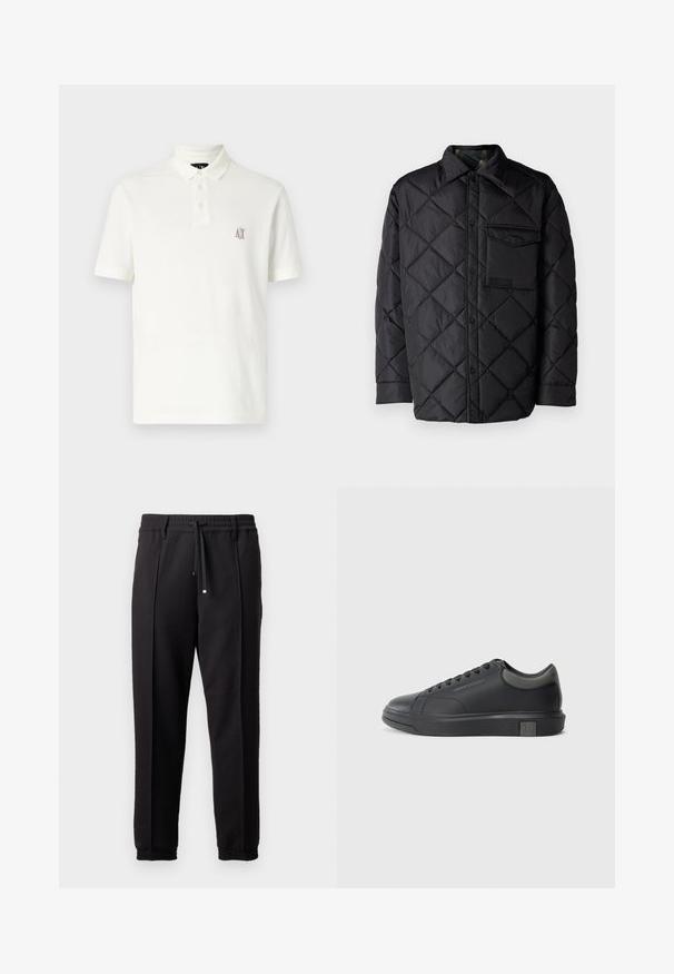 Svart quiltet jakke med diamantmønster, lange ermer, krage og brystlomme. Glatt tekstur og trykknapplukking.; Hvit polo skjorte laget av bomull, med en krage med to knapper, korte ermer og en liten brodert logo i brunt på venstre bryst.; Sorte bukser med liv, snor og elastiske mansjetter. Har plisséer og et glatt, teksturert stoff.; Sorte lærersneakers med en glat finish, rund tå og mørkegrå detaljer. Har snørebånd og en struktureret gummisål.