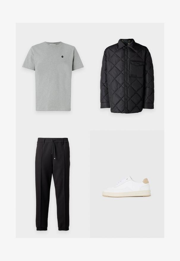 Sort quiltet jakke med diamanter, lange ærmer, krave og brystlomme. Glat tekstur og trykknaplukning.; Grå bomulds t-shirt med rund hals, korte ærmer og et sort logopatch med et plus-tegn på venstre brystområde.; Sorte bukser med elastisk talje, snørelukning og elastiske manchetter. Har folder og et glat, tekstureret stof.; Hvide lavt-op sneakers med en tekstureret læderoverdel, cremefarvet ribbet sål og en tan hælaccent. Har hvide snørebånd og logo-detalje på hælen.