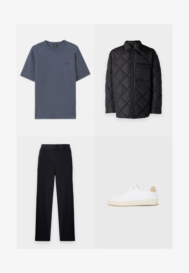 Črna prešita jakna z diamantom, dolgi rokavi, ovratnik in žep na prsih. Gladka tekstura in zapiranje na sponko.; Temno modra kratkotrajna majica iz bombaža z okroglo ovratnikom in majhnim črnim grafičnim detajlom na prsih. Ohlapen kroj z ravnim robom.; Črne hlače iz lahke, teksturirane tkanine, ravne noge, elastičen pas in stranski žepki na zadrgo.; Bele nizke superge z zgornjim delom iz teksturirane usnjene površine, smetano obrobljenim podplatom in svetlo rjavo akcentom na peti. Imajo bele vezalke in podrobnost z logotipom na peti.
