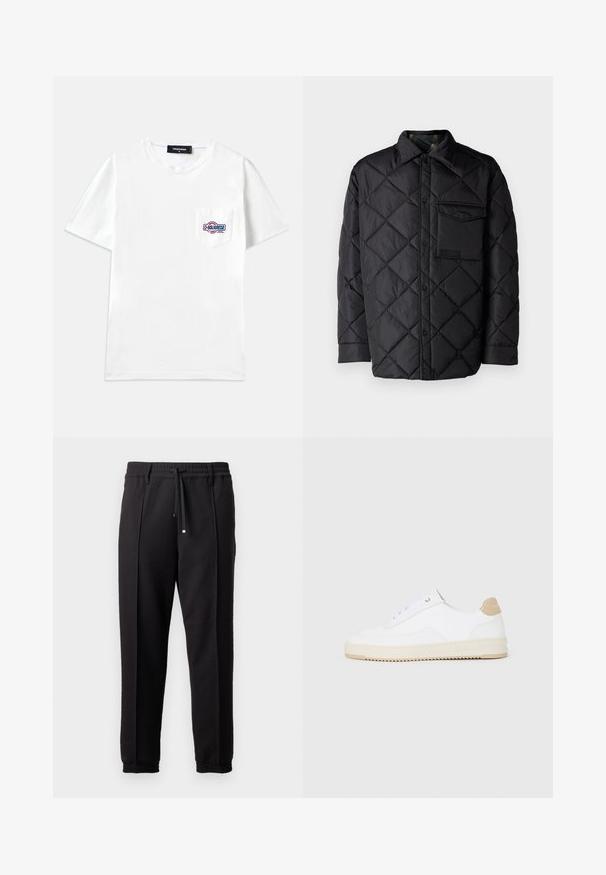 Crna jakna od prešane tkanine s dijamantnim uzorkom, dugim rukavima, ovratnikom i džepom na prsima. Glatka tekstura i zatvaranje na dugmad.; Bijela pamučna majica s kratkim rukavima, okruglog izreza, s lijevim džepom na prsima i višebojnim izvezenim logotipom.; Crne hlače s pojasom, vezicom i elastičnim rubovima. Imaju nabore i glatku, teksturiranu tkaninu.; Bijele niske tenisice s gornjim dijelom od teksturirane kože, kremasto žljebastim potplatom i smeškim akcentom na peti. Imaju bijele vezice i detalj s logotipom na peti.