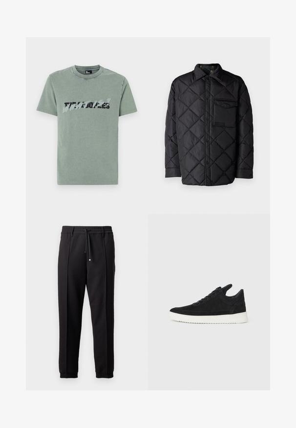 Sort quiltet jakke med diamanter, lange ærmer, krave og brystlomme. Glat tekstur og trykknaplukning.; Grøn bomulds t-shirt med rund hals, korte ærmer og en slidt grafisktryk i sort og lyseblå tekst på forsiden.; Sorte bukser med elastisk talje, snørelukning og elastiske manchetter. Har folder og et glat, tekstureret stof.; Sort ruskinds sneaker med en hvid gummisål, der har tonalt syet detalje og snørredesign. Glat tekstur med en moderne, strømlinet form.