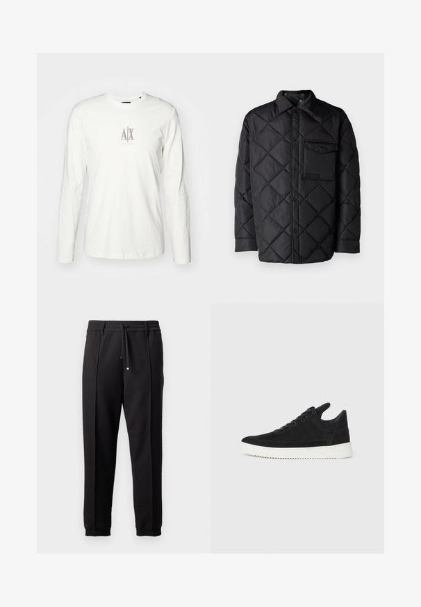 Jachetă neagră matlasată cu model în diamant, mâneci lungi, guler și un buzunar pe piept. Textură netedă și închidere cu capse.; Tricou alb din bumbac cu mânecă lungă, având un logo mic bej cu "AX" în centru. Textură netedă și guler clasic tip crew.; Pantaloni negri cu un brâu, șnur și manșete elastice. Prezintă pliuri și un material neted, texturat.; Sneakers negre din suede cu o talpă din cauciuc albă, prezentând cusături tonale și un design cu șireturi. Textură netedă cu o formă modernă și aerodinamică.