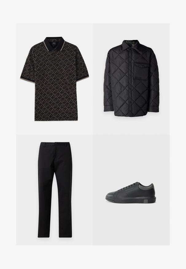 Črna prešita jakna z diamantom, dolgi rokavi, ovratnik in žep na prsih. Gladka tekstura in zapiranje na sponko.; Črna polo majica z geometrijskim zlatim vzorcem, kratkimi rokavi in klasičnim ovratnikom z diskretnimi črtastimi detajli.; Črne trdne hlače z ravnimi nogami, z gumbom in zadrgo, z luknjami za pas in sprednjimi žepi, prikazane na belem ozadju.; Črne usnjene teniske s gladko površino, zaobljenim prstom in temno sivo akcenti. Imajo sistem vezanja in teksturiran gumijast podplat.
