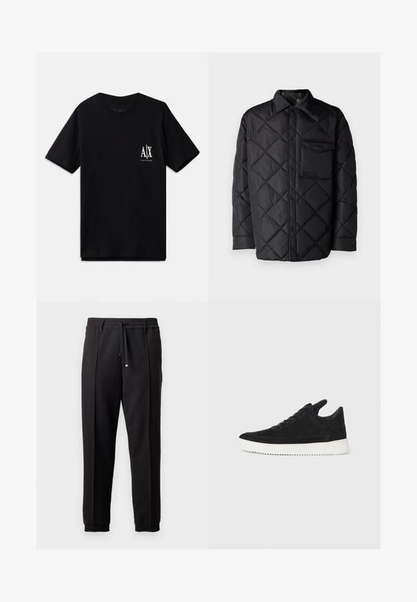 Czarna pikowana kurtka z diamentowym wzorem, długimi rękawami, kołnierzem i kieszenią na piersi. Gładka tekstura i zapięcie na napy.; Czarna koszulka z krótkim rękawem, wykonana z bawełny, z małym białym logo na lewej piersi. Prosty design z okrągłym dekoltem, gładka faktura.; Czarne spodnie z pasem, sznurkiem do regulacji i elastycznymi mankietami. Posiadają kanty oraz gładki, teksturowany materiał.; Czarne zamszowe sneakersy z białą gumową podeszwą, z tonalnym przeszyciem i sznurowanym zapięciem. Gładka tekstura, nowoczesny, smukły kształt.