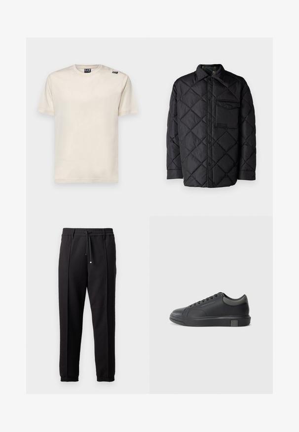 Black quilted jacket with diamond pattern, long sleeves, a collar, and a chest pocket. Smooth texture and snap-button closure.; Short-sleeve t-shirt in off-white cotton, featuring a crew neck and a small black logo tag on the left shoulder. Smooth texture.; Black trousers with a waistband, drawstring, and elastic cuffs. Features pleats and a smooth, textured fabric.; Black leather sneaker with a smooth finish, rounded toe, and dark grey accents. Features lace-up design and textured rubber sole.