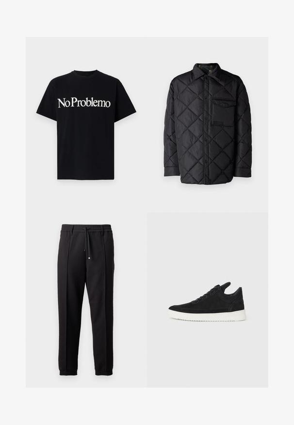 Zwarte doorgestikte jas met ruitpatroon, lange mouwen, een kraag en een borstzak. Gladde textuur en drukknoopsluiting.; Zwarte katoenen t-shirt met korte mouwen en een ronde hals. De tekst op de voorkant zegt "No Problemo" in grote witte letters.; Zwarte broeken met een tailleband, koord en elastische boorden. Heeft plooien en een gladde, gestructureerde stof.; Zwarte suède sneakers met een witte rubberen zool, voorzien van tonale stiksels en een vetersluiting. Glad oppervlak met een moderne, gestroomlijnde vorm.