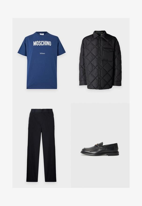 Črna prešita jakna z diamantom, dolgi rokavi, ovratnik in žep na prsih. Gladka tekstura in zapiranje na sponko.; Bombažna majica kratkih rokavov v mornarsko modri barvi, z belim poudarjenim napisom "MOSCHINO" in "Milano" na prsnem delu. Okrogel izrez na vratu.; Črne hlače iz lahke, teksturirane tkanine, ravne noge, elastičen pas in stranski žepki na zadrgo.; Črne usnjene loafersice imajo zaokrožen nosek, šivano detajliranje in majhen zlat akcent na sprednji strani. Podplat je raven in diskreten.