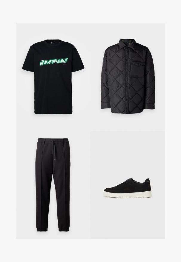 Black quilted jacket with diamond pattern, long sleeves, a collar, and a chest pocket. Smooth texture and snap-button closure.; Black cotton t-shirt featuring bold green and white graphic text that reads "WHAT IS?" along the front. Crew neck and short sleeves.; Black trousers with a waistband, drawstring, and elastic cuffs. Features pleats and a smooth, textured fabric.; Black suede sneaker with lace-up design and contrasting white rubber sole. Features textured side panels and subtle branding on the heel.
