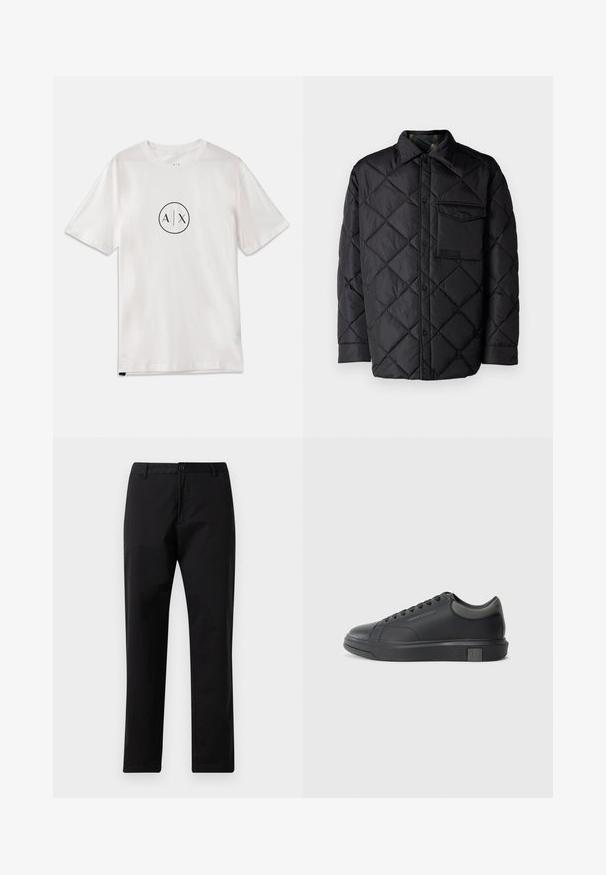 Jachetă neagră matlasată cu model în diamant, mâneci lungi, guler și un buzunar pe piept. Textură netedă și închidere cu capse.; Tricou din bumbac alb, cu mâneci scurte, având un logo circular negru cu "A/X" în centru, design clasic de guler rotund.; Pantaloni negri cu picioare drepte, cu închidere prin buton și fermoar, curea, și buzunare frontale, expuși pe un fundal alb.; Tenisii din piele neagră cu un finisaj neted, vârf rotunjit și accente gri închis. Au un design cu șireturi și talpă din cauciuc texturat.