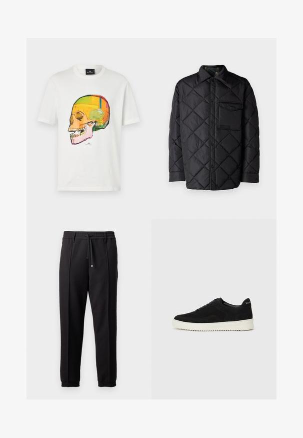 Black quilted jacket with diamond pattern, long sleeves, a collar, and a chest pocket. Smooth texture and snap-button closure.; White cotton t-shirt featuring a colorful skull graphic in shades of yellow, orange, and pink. Tag at the neckline reads "Paul Smith."; Black trousers with a waistband, drawstring, and elastic cuffs. Features pleats and a smooth, textured fabric.; Black suede sneaker with lace-up design and contrasting white rubber sole. Features textured side panels and subtle branding on the heel.