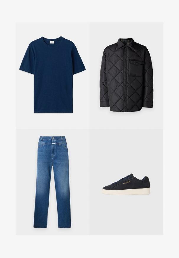 Črna prešita jakna z diamantom, dolgi rokavi, ovratnik in žep na prsih. Gladka tekstura in zapiranje na sponko.; Temno modra majica iz mehkega bombaža, s krožnim izrezom, kratkimi rokavi in majhnim embosiranim logotipom na spodnjem kotu.; Modri jeans s ravnim krojem, ki vključujejo gumbasto zapiranje, zanke za pas in subtilno zbledelost na stegnih.; Mornarsko modre semiš nizke superge z belim podplatom, mornarskimi vezalkami in z zlatim logotipom "Filling Pieces" na strani.