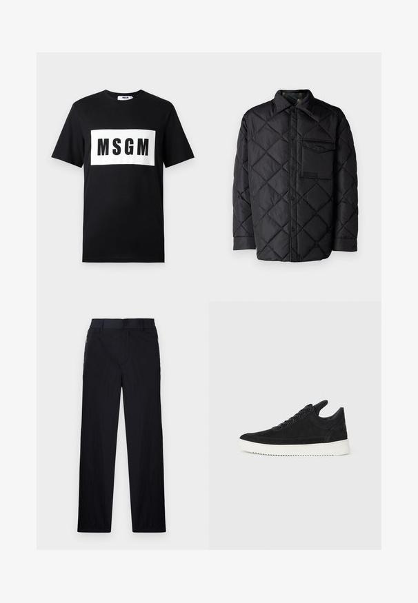 Black quilted jacket with diamond pattern, long sleeves, a collar, and a chest pocket. Smooth texture and snap-button closure.; Black cotton t-shirt with short sleeves, featuring a white rectangular logo with "MSGM" in bold black letters across the front.; Black trousers featuring a lightweight, textured fabric, straight-leg design, elastic waistband, and side zip pockets.; Black suede sneaker with a white rubber sole, featuring tonal stitching and lace-up design. Smooth texture with a modern, streamlined shape.