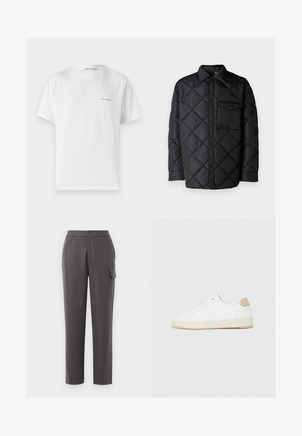 Svart quiltet jakke med diamantmønster, lange ermer, krage og brystlomme. Glatt tekstur og trykknapplukking.; Tiger of Sweden PRO - T-shirts - pure white; Grå bukser med avslappet passform, laget av et glatt stoff. Har knappelukking, sidelommer og en cargo-lomme på benet.; Hvite lave sneakers med overdel i teksturert skinn, kremfarget såle med ribber og en brunt fargeklatt på hælen. Har hvite lisser og logodetalj på hælen.