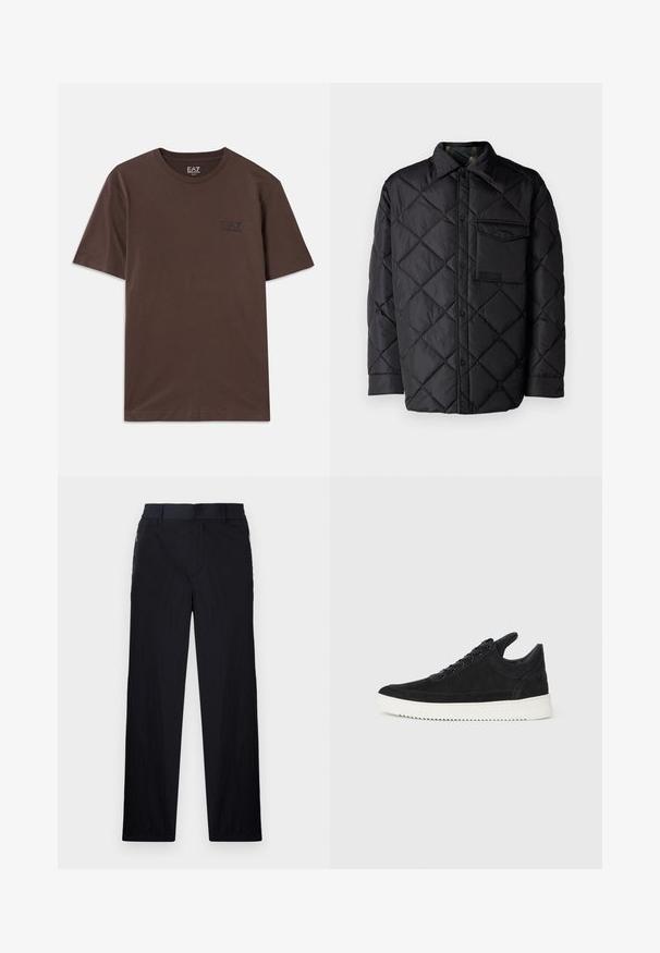 Black quilted jacket with diamond pattern, long sleeves, a collar, and a chest pocket. Smooth texture and snap-button closure.; Brown cotton t-shirt with short sleeves and a round neckline. Features a small black logo on the chest. Smooth texture and simple design.; Black trousers featuring a lightweight, textured fabric, straight-leg design, elastic waistband, and side zip pockets.; Black suede sneaker with a white rubber sole, featuring tonal stitching and lace-up design. Smooth texture with a modern, streamlined shape.