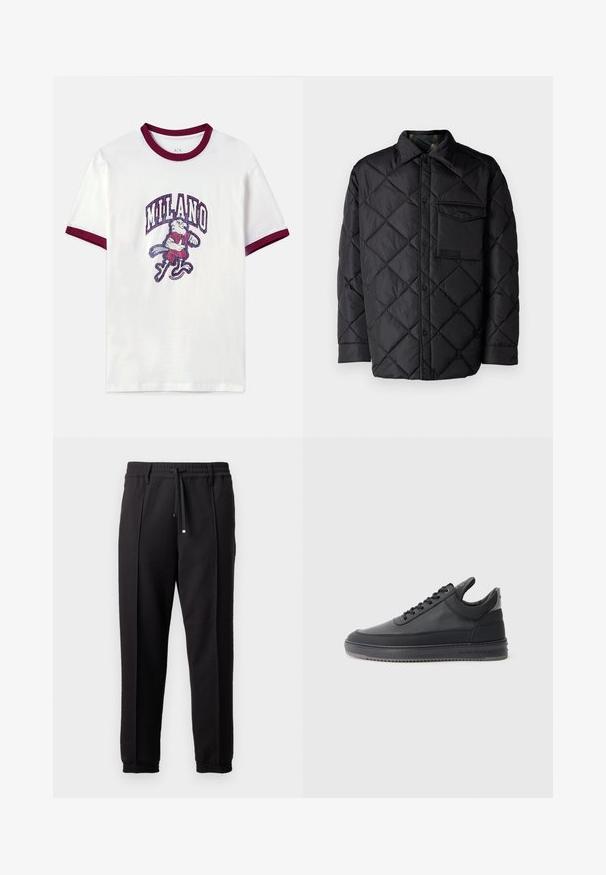 Svart quiltet jakke med diamantmønster, lange ermer, krage og brystlomme. Glatt tekstur og trykknapplukking.; Hvit bomull T-skjorte med maroon ribbestrikket krage og ermer. Har et grafisk design av en karakter som holder en kølle og teksten "MILANO".; Sorte bukser med liv, snor og elastiske mansjetter. Har plisséer og et glatt, teksturert stoff.; svarte lær sneakers med en teksturert overflate, snøring, lav topp, og en grå gummi såle med en ribbet kant.