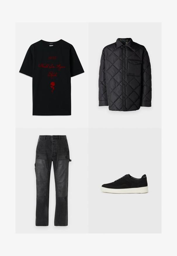 Black quilted jacket with diamond pattern, long sleeves, a collar, and a chest pocket. Smooth texture and snap-button closure.; Black cotton t-shirt featuring red text: "10/10 Would Sin Again" and a rose graphic. Simple crew neck design, short sleeves.; Black denim trousers with contrasting black leather panel accents, straight leg design, and subtle distressed detailing on the fabric.; Black suede sneaker with lace-up design and contrasting white rubber sole. Features textured side panels and subtle branding on the heel.