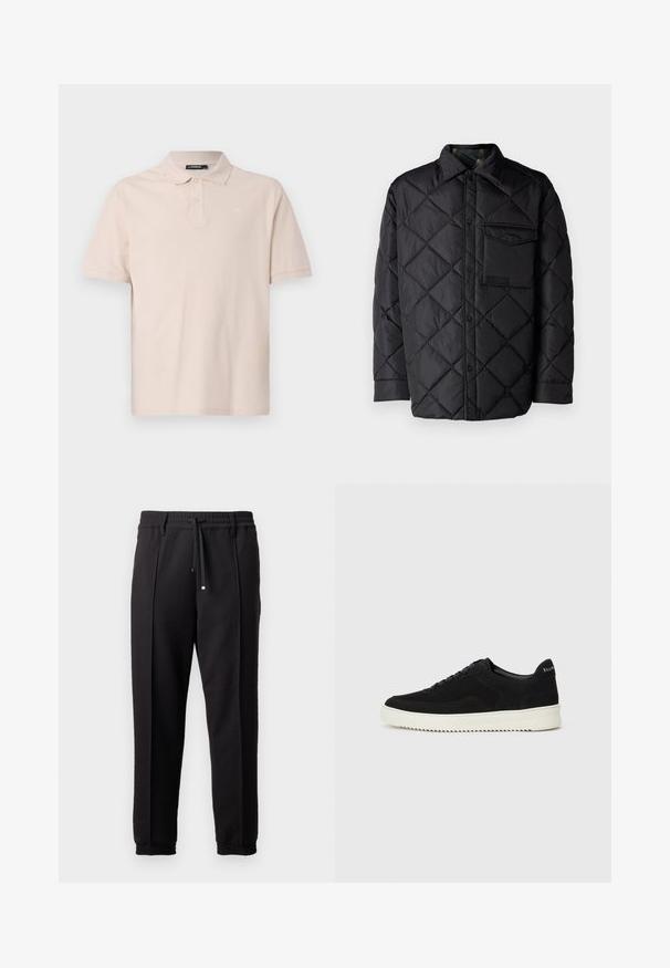 Czarna pikowana kurtka z diamentowym wzorem, długimi rękawami, kołnierzem i kieszenią na piersi. Gładka tekstura i zapięcie na napy.; Jasno beżowa koszulka polo, krótki rękaw, kołnierzyk, zapięcie na dwa guziki, subtelne logo na piersi, wykonana z miękkiego bawełnianego materiału.; Czarne spodnie z pasem, sznurkiem do regulacji i elastycznymi mankietami. Posiadają kanty oraz gładki, teksturowany materiał.; Czarne zamszowe sneakersy z designem na sznurówki i kontrastującą białą gumową podeszwą. Posiadają teksturowane boczne panele oraz subtelne logo na pięcie.