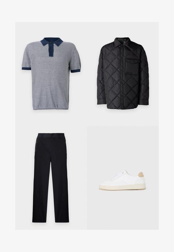 Melnā quiltota virsjaka ar dimanta rakstu, garām piedurknēm, apkakli un krūšu kabatu. Gluda tekstūra un spiedpogu aizdare.; Svītrota polo krekls tumši zilā un baltā krāsā, ar vienkrāsainu tumši zilu apkakli un trīs pogu aizdari, īsām piedurknēm ar ribotām malām.; Melni bikses ar vieglu, teksturētu audumu, taisnu kāju dizainu, elastīgu jostu un sānu rāvējslēdzēju kabatām.; Baltās zemas kedas ar faktūru ādas virsu, krēmkrāsas rievojamu zoli un brūnu pacēlumu uz papēža. Iekļauj baltas auklas un logo detaļu uz papēža.