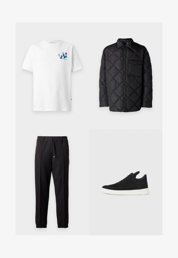 Juodas susiuvinėtas švarkas su deimanto raštu, ilgomis rankovėmis, apykakle ir krūtine kišenėle. Lygus paviršius ir užsegimas snapeliais.; Balta medvilninė marškinė su spalvingu abstrakčiu dizainu kairėje krūtinės pusėje, kuriame yra mėlynos, žalios, raudonos ir persikinės formos. Trumpi rankovės ir apvali iškirptė.; Juodos kelnės su juosmeniu, raišteliu ir elastingais rankogaliais. Yra raukšlės ir lygus, tekstūruotas audinys.; Juodų suede sportbačių su balta gumine padu, su toniniais siuvinėjimais ir raištelių užsegimu. Sklandus paviršius su šiuolaikine, laiko forma.