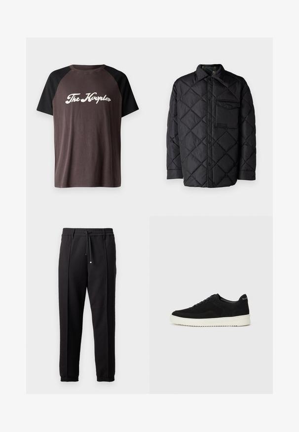 Schwarze gesteppte Jacke mit Diamantmuster, langen Ärmeln, Kragen und einer Brusttasche. Glatte Textur und Druckknopfverschluss.; Braunes und schwarzes Raglan-T-Shirt mit Rundhalsausschnitt, mit dem Text "The Kayples" in weißer Kursivschrift über der Brust. Weicher Stoff.; Schwarze Hose mit einem Bund, Kordelzug und elastischen Bündchen. Sie verfügt über Plissees und einen glatten, strukturierten Stoff.; Schwarze Wildleder-Sneaker mit Schnürdesign und kontrastierender weißer Gummisohle. Verfügt über strukturierte Seitenpaneele und dezentes Branding an der Ferse.