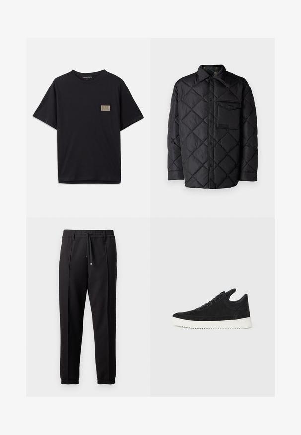 Črna prešita jakna z diamantom, dolgi rokavi, ovratnik in žep na prsih. Gladka tekstura in zapiranje na sponko.; Črna bombažna majica s kratkimi rokavi, ki ima na levi strani prsnega dela majhno pravokotno zlate teksture našitek z logotipom "MK".; Črne hlače z pasom, vrvico in elastičnimi manšeti. Imajo nabore in gladko teksturirano blago.; Črne semiš športne copate z belo gumijasto podplatom, ki imajo toneče šive in vezalni dizajn. Gladka tekstura z modernim, poenoteno oblikovano silhueto.