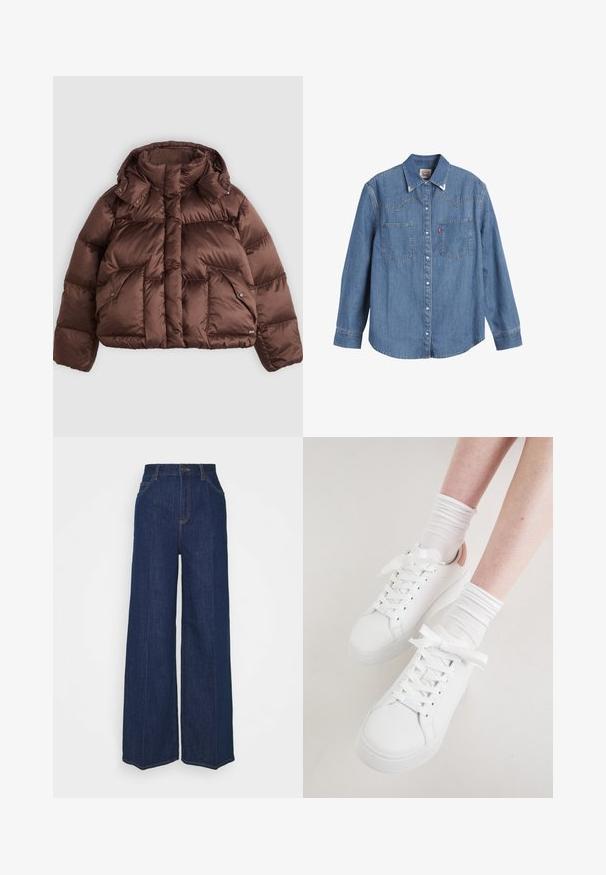Braune Pufferjacke mit hohem Kragen, Druckknöpfen und zwei Fronttaschen. Hergestellt aus glänzendem, gestepptem Stoff im verkürzten Design.; Hellblaues Denim-Hemd mit langen Ärmeln, spitzem Kragen, zwei Brusttaschen und kontrastierenden Nähten. Verfügt über ein Design mit Westernstil-Yoke.; Hochtaillierte, weit geschnittene, dunkelblaue Jeans aus Denim mit Front- und Gesäßtaschen, Knopfverschluss und sichtbaren Nähdetails.; Weiße Ledersneaker mit einer runden Zehenform, flacher Sohle und dicken Schnürsenkeln. Akzentuiert mit einer hellrosa Ferse und getragen mit weißen gerippten Socken.