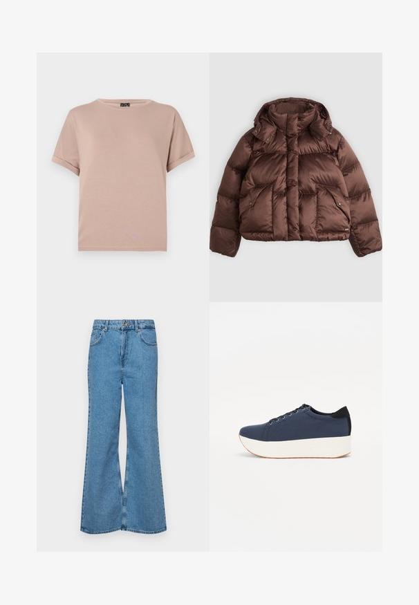 Barna pufferszövet kabát magas gallérral, pattintós gombokkal és két elülső zsebbel. Fényes, steppelt anyagból készült, rövidített fazonnal.; Rövid ujjú, kerek nyakú póló, puha, könnyű anyagból, pasztell rózsaszín színben. Felgöngyölt ujjak és egyenes szegély jellemzi.; Világoskék, trapézszárú farmernadrág, magas derékkal, öt zsebbel és egy gombos záródással. Puha tapintású, magasított effektusú anyag.; Sötétkék sportcipő, texturált szövet felsőrész, fehér platform talp, lekerekített orr és fekete sarok akcentussal. Hat fűzőlyuk található rajta.