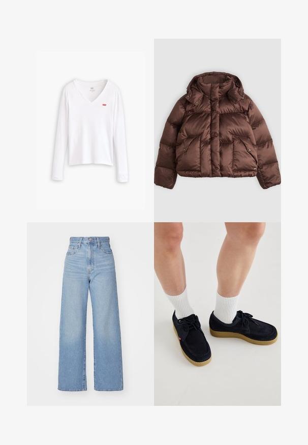 Rjav napihnjen plašč z visokim ovratnikom, s pritrdilnimi gumbi in dvema sprednjima žepoma. Narejen iz sijočega, kviltanega materiala s skrajšanim dizajnom.; Bela dolga majica z ovratnikom v obliki V iz bombaža. Ima majhen rdeč logotip Levi's na levem prsnem delu. Gladek material, standardni kroj.; Svetlo modri visokorasli široki traper hlače z sprednjim gumbom in zadrgo, sprednjimi in zadnjimi žepi, na belem ozadju.; Temno modri semiš čevlji s okroglo konico, zasnova z vezalkami in kremna gumijasta podplat. V kombinaciji z belimi rebrastimi nogavicami do gležnjev.