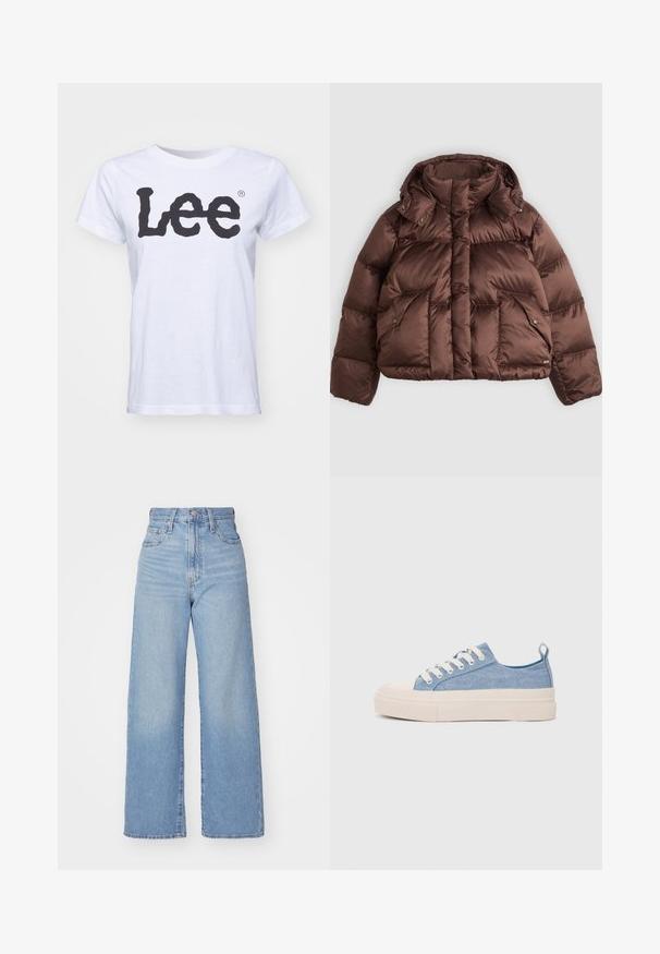 Brun pufferjakke med høj krave, trykknapper og to frontlommer. Lavet af glinsende, quiltet stof med et cropped design.; Hvid bomulds t-shirt med rund halsudskæring, korte ærmer og et stort sort "Lee" logo trykt på fronten. Glat tekstur, normal pasform.; Lyseblå højtaljede bukser med bred benåbning, med frontknap og lynlås, samt for- og baglommer, på en hvid baggrund.; Lyseblå lærredssneakers med en cremefarvet gummitåhætte og sål, udstyret med hvide snørebånd og en træksløjfe på hælen.