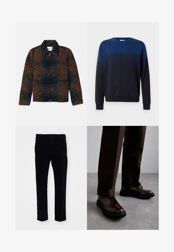 Wollmischung Jacke mit Kragen, ausgestattet mit einem mehrfarbigen Muster in Dunkelblau, Orange und Braun. Vorderer Reißverschluss und Seitentaschen.; Blauer zu schwarzer Ombre-Pullover, Rundhalsausschnitt, lange Ärmel, weicher Stoff, gerippte Bündchen und Saum, minimalistisches Design ohne Muster oder Akzente.; Schwarze Cordhosen mit geradem Bein, ausgestattet mit dezenten vertikalen Streifen und einem standardmäßigen Bund. Keine sichtbaren Verzierungen.; Braune Leder Schnürschuhe mit glänzender Oberfläche, schwarzer Gummisohle und dezenten Nähten. Getragen mit braunen Angabenhosen mit Nadelstreifen.