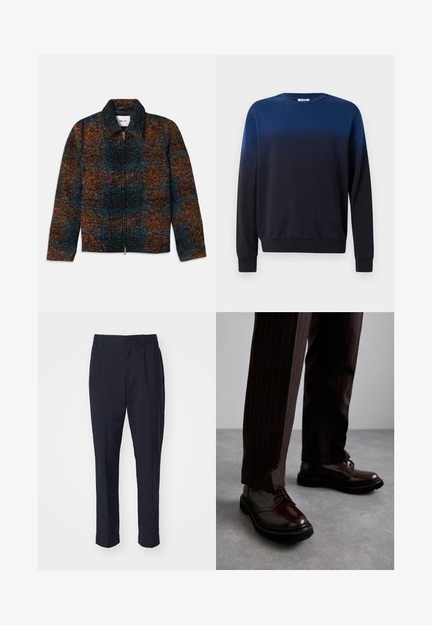 Wool blend jacket with a collar, featuring a multicolored pattern of dark blue, orange, and brown. Front zip closure and side pockets.; Blue to black ombre sweatshirt, crew neckline, long sleeves, soft fabric, ribbed cuffs and hem, minimalistic design without patterns or accents.; Navy blue trousers with a smooth texture, elastic waistband, and tapered leg design. Features no visible pockets or embellishments.; Brown leather lace-up shoes with a glossy finish, black rubber sole, and subtle stitching. Worn with pinstriped brown trousers.