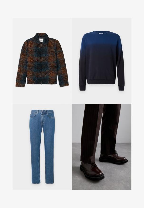 Wool blend jacket with a collar, featuring a multicolored pattern of dark blue, orange, and brown. Front zip closure and side pockets.; Blue to black ombre sweatshirt, crew neckline, long sleeves, soft fabric, ribbed cuffs and hem, minimalistic design without patterns or accents.; Blue high-waist straight-leg jeans with front button and zipper, five pockets, and belt loops displayed on white background.; Brown leather lace-up shoes with a glossy finish, black rubber sole, and subtle stitching. Worn with pinstriped brown trousers.