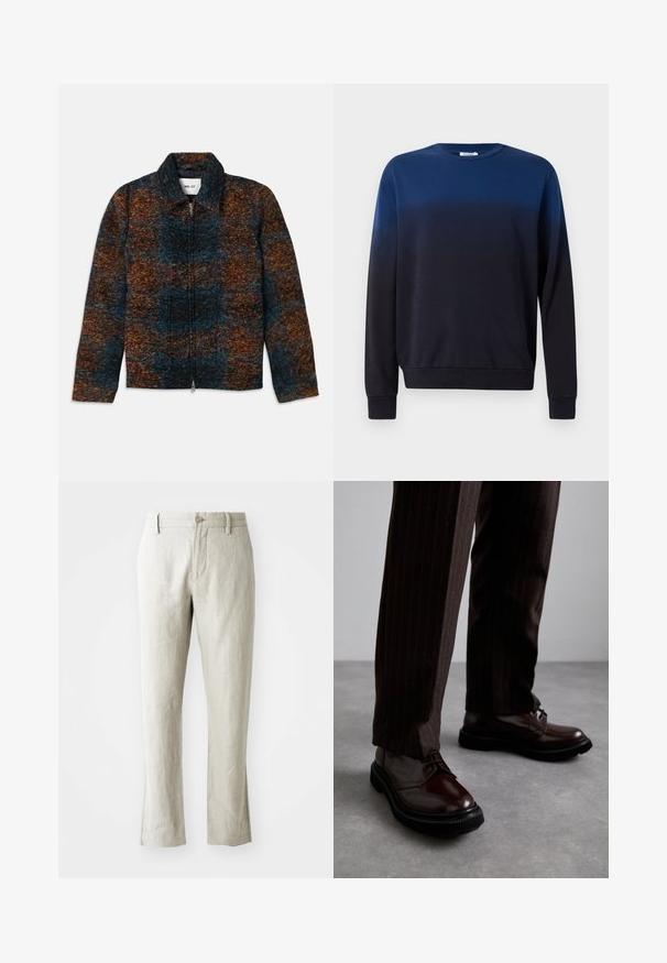Jakna iz volnenega mešanega materiala s ovratnikom, ki se ponaša z večbarvnim vzorcem temno modre, oranžne in rjave barve. Ima sprednje zadrgo in stranske žepke.; Blušasta prelivna trenerka od modre do črne barve, okroglo izrezan ovratnik, dolgi rokavi, mehak material, rebrasti manšeti in rob, minimalistična zasnova brez vzorcev ali dodatkov.; Svetlo bež lanene hlače s ravnim krojem, subtilno teksturo, sprednjim gumbom in dvema stranskima žepoma. Oblikovane za čist silhuet.; Bordeaux usnjeni čevlji na vezanje z leskom, črnim gumijastim podplatom in diskretno šivanjem. Nosi se z rjavo prugastimi hlačami.