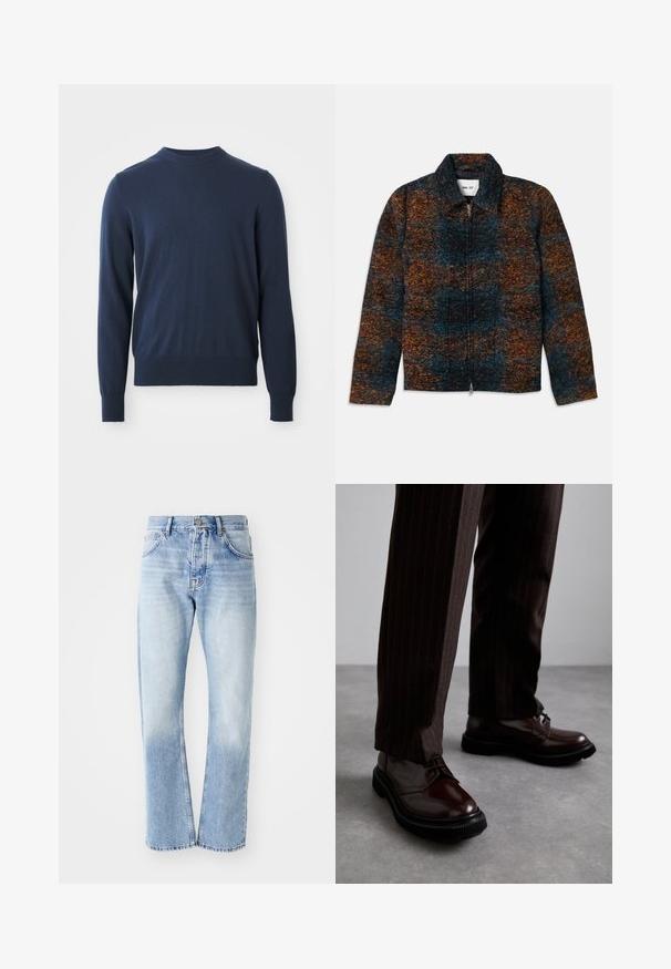 Villakankainen takki, jossa on kaulus, ja monivärinen kuvio tummansinisestä, oranssista ja ruskeasta. Edessä vetskari ja sivutaskut.; Tummansininen pitkähihainen pyöreäkaulainen neulepaita, jossa on ribbitehosteet hihansuissa ja helman kohdalla, esillä valkoista taustaa vasten.; Vaanit vaaleansinisistä farkuista, joissa on suora lahje. Varustettu viiden taskun suunnittelulla, nappisuljenta ja haalistunut pinta alareunassa.; Ruske nahkasaapad, joissa on kiiltävä pinta, musta kumipohja ja hienovarainen ompelu. Yhdistetty raitapolkkaisiin ruskeisiin housuihin.