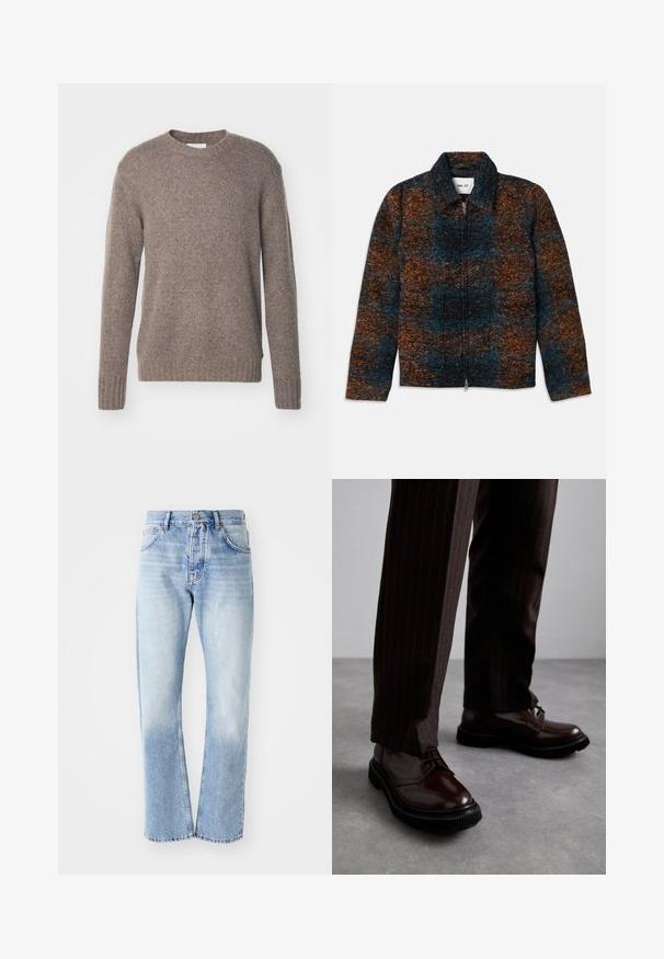 Wool blend jacket with a collar, featuring a multicolored pattern of dark blue, orange, and brown. Front zip closure and side pockets.; Brown, knitted sweater with a crew neckline, long sleeves, and ribbed cuffs and hem, featuring a soft, textured finish.; Light blue denim jeans with a straight-leg cut. Features a five-pocket design, button fly, and faded texture towards the bottom.; Brown leather lace-up shoes with a glossy finish, black rubber sole, and subtle stitching. Worn with pinstriped brown trousers.