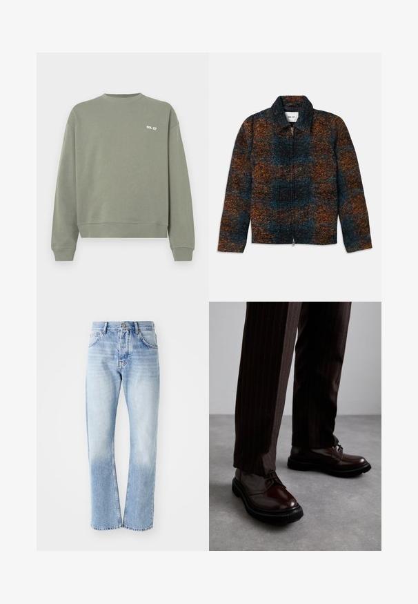 Wollen-blend jas met een kraag, met een meerkleurig patroon van donkerblauw, oranje en bruin. Voorzijde met rits en zijzakken.; Olijfgroene sweatshirt van katoen, met een ronde hals, geribde manchetten en een klein wit tekstlogo op de borst.; Lichtblauwe denim jeans met een rechte pijp. Voorzien van een vijf-pocket ontwerp, knoopsluiting en een vervaagde textuur naar de onderkant.; Bruine leren veterschoenen met een glanzende afwerking, zwarte rubberen zool en subtiele stiksels. Draag ze met bruin gestreepte broek.