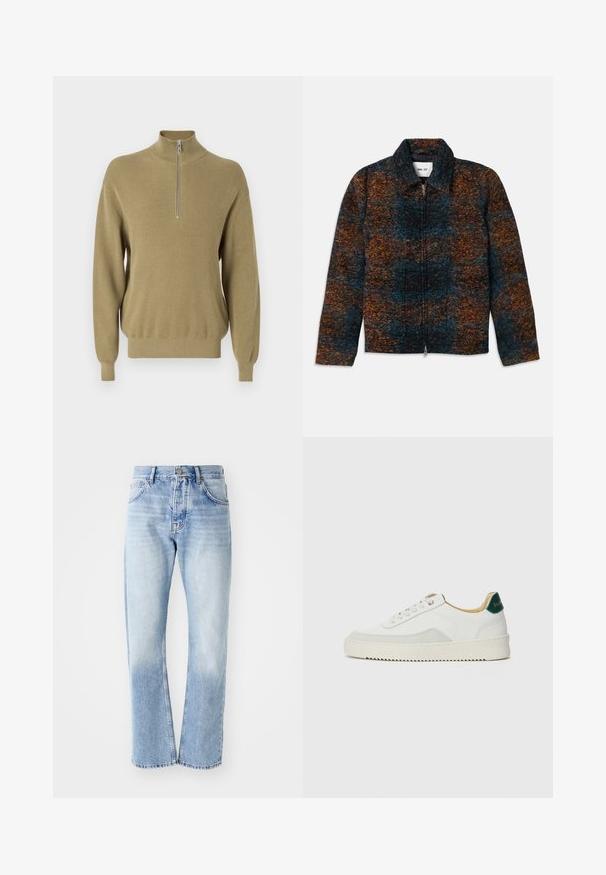 Wollen-blend jas met een kraag, met een meerkleurig patroon van donkerblauw, oranje en bruin. Voorzijde met rits en zijzakken.; Gebreide trui in olijfgroen met een hoge kraag met rits, lange mouwen en een geribbelde structuur bij de manchetten en zoom. Eenvoudig, minimalistisch ontwerp.; Lichtblauwe denim jeans met een rechte pijp. Voorzien van een vijf-pocket ontwerp, knoopsluiting en een vervaagde textuur naar de onderkant.; Witte sneaker met suède accenten, ronde neus, platte veters en een crème rubberen zool. Bevat groene branding op de hiel.