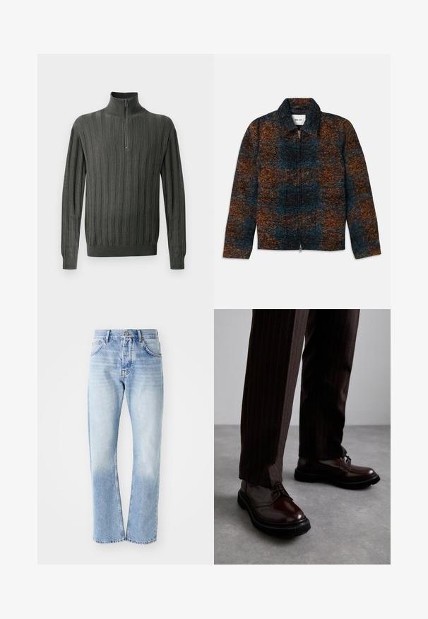 Jakna od vune s ovratnikom, koja ima višebojni uzorak tamnoplave, narančaste i smeđe boje. Prednje zatvaranje na patentni zatvarač i bočne džepove.; Tamnozeleni pleteni pulover s polu-zip ovratnikom, s vertikalnom rebrastom teksturom i prilagodljivim manžetama. Mekana tkanina, ležeran dizajn.; Svijetloplave traperice ravnog kroja. Imaju dizajn s pet džepova, dugmasti patent zatvarač i izblijedjelu teksturu prema dnu.; Smeđe kožne cipele s vezicama i sjajnim finišom, crna gumena potplata i suptilno šivanje. Nosene s smešanim smešnim smeškom smešnim smeškom.