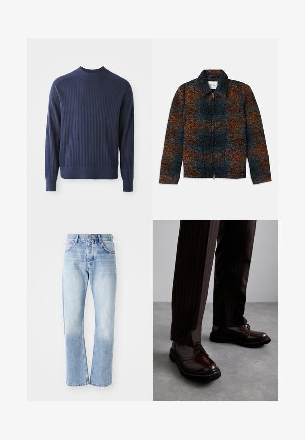 Kurtka z wełny z kołnierzem, z wielokolorowym wzorem w ciemnoniebieskim, pomarańczowym i brązowym odcieniu. Zamek błyskawiczny z przodu oraz kieszenie boczne.; Granatowy sweter ze ściągaczem o wysokim dekolcie, długimi rękawami i dopasowanym dołem; teksturowany materiał dodaje głębi.; Jasnoniebieskie dżinsy o prostym kroju nogawki. Charakteryzują się pięcioma kieszeniami, zapinaniem na guzik i wyblakłym wykończeniem w dolnej części.; Brązowe skórzane buty sznurowane o błyszczącym wykończeniu, czarna gumowa podeszwa i subtelne przeszycia. Noszone z brązowymi spodniami w prążki.
