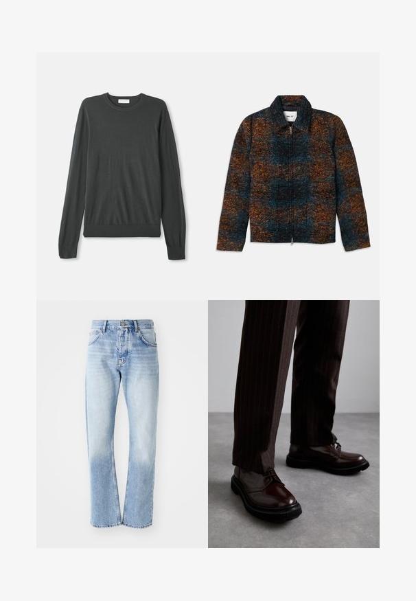 Wool blend jacket with a collar, featuring a multicolored pattern of dark blue, orange, and brown. Front zip closure and side pockets.; Dark gray long-sleeve knit sweater with a round neckline, fitted cuffs, and a ribbed hem. Smooth texture with no visible patterns or embellishments.; Light blue denim jeans with a straight-leg cut. Features a five-pocket design, button fly, and faded texture towards the bottom.; Brown leather lace-up shoes with a glossy finish, black rubber sole, and subtle stitching. Worn with pinstriped brown trousers.