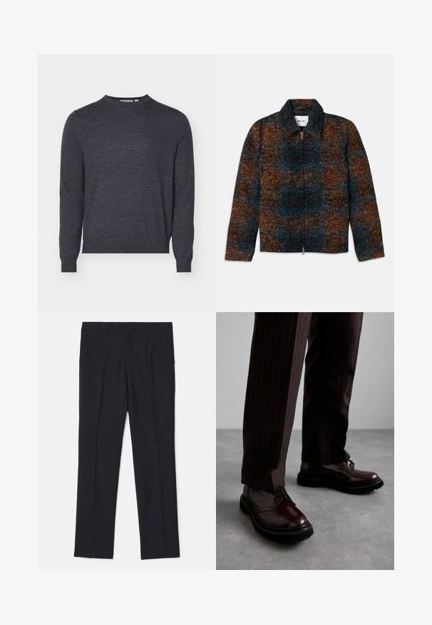 Wool blend jacket with a collar, featuring a multicolored pattern of dark blue, orange, and brown. Front zip closure and side pockets.; Tiger of Sweden CONNOR - Jumper - grey street; Black tailored trousers made of smooth fabric, featuring two side pockets, a straight leg design, and no visible patterns or accents.; Brown leather lace-up shoes with a glossy finish, black rubber sole, and subtle stitching. Worn with pinstriped brown trousers.