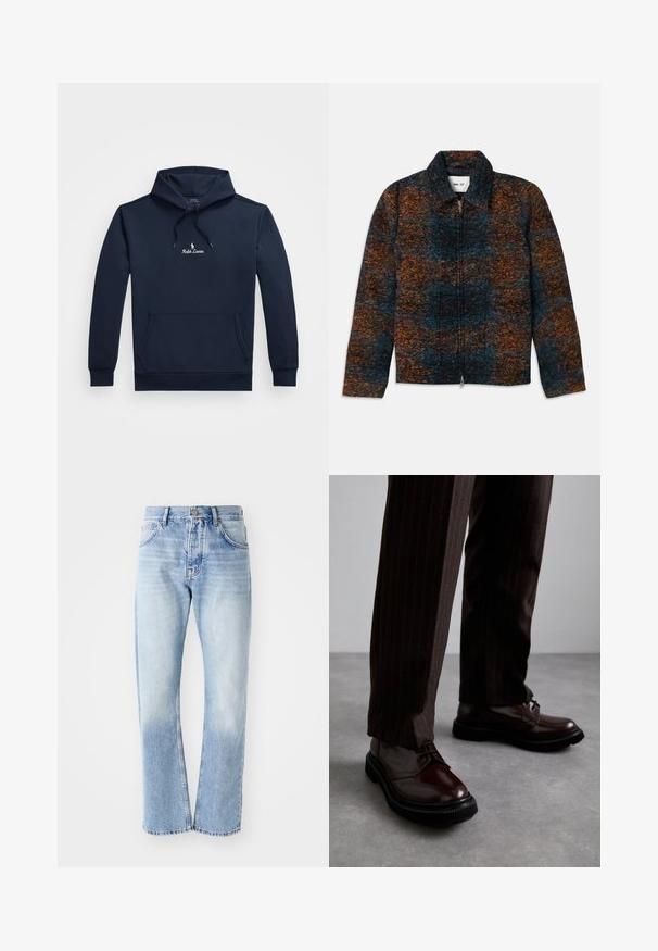 Giacca in misto lana con colletto, caratterizzata da un motivo multicolore in blu scuro, arancione e marrone. Chiusura frontale con zip e tasche laterali.; Felpa blu navale con tasca frontale, cappuccio regolabile con cordino e piccolo logo bianco di Ralph Lauren centrato sul petto.; Jeans in denim blu chiaro con taglio dritto. Presentano un design a cinque tasche, apertura con bottone e una texture sbiadita verso il fondo.; Scarpe stringate in pelle marrone con finitura lucida, suola in gomma nera e cuciture sottili. Indossate con pantaloni marroni a righe.
