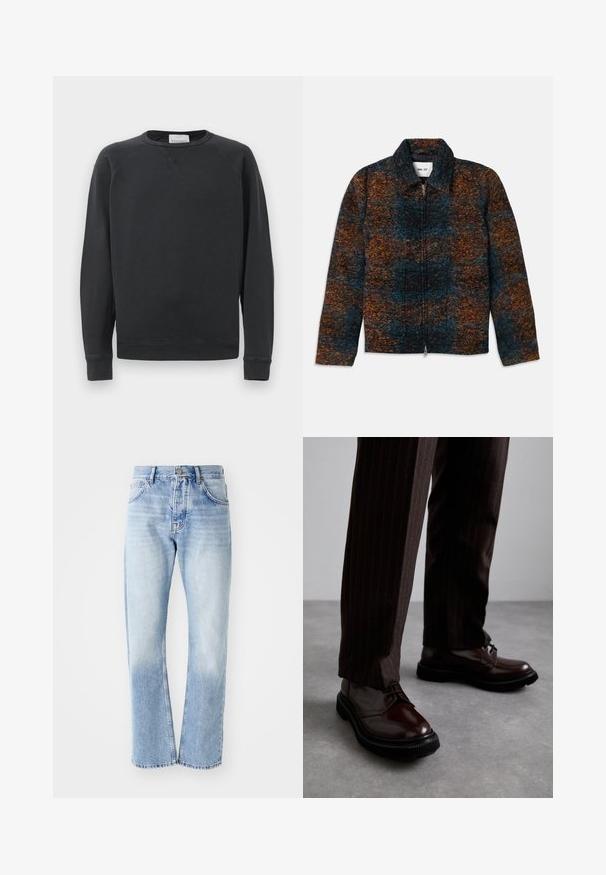 Giacca in misto lana con colletto, caratterizzata da un motivo multicolore in blu scuro, arancione e marrone. Chiusura frontale con zip e tasche laterali.; Felpa nera a maniche lunghe con collo girocollo, polsini e orlo a costine, dettaglio a V sottile sotto il colletto e etichetta del marchio all'interno del collo.; Jeans in denim blu chiaro con taglio dritto. Presentano un design a cinque tasche, apertura con bottone e una texture sbiadita verso il fondo.; Scarpe stringate in pelle marrone con finitura lucida, suola in gomma nera e cuciture sottili. Indossate con pantaloni marroni a righe.